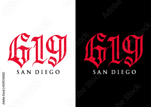 Bold San Diego 619 City Code Typography Design. Urban-style typographic design featuring the iconic "619" city code and San Diego lettering, perfect for streetwear and merchandise.