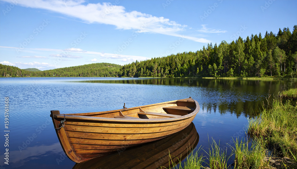 Fototapeta premium Wooden rowboat on calm lake near green forest under blue sky with white clouds reflecting on water surface in peaceful natural landscape