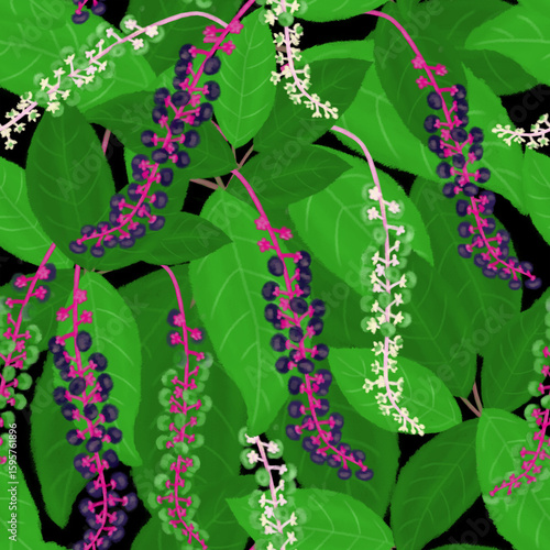 野草、ヨウシュヤマゴボウのシームレスパターン