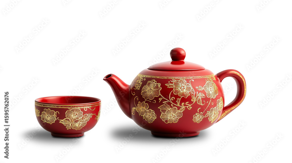 Elegant red teapot with matching cups, all decorated with gold patterns, isolated on transparent background. Elegant red teapot with matching cups, all decorated with gold patterns, isolated on transparent background.