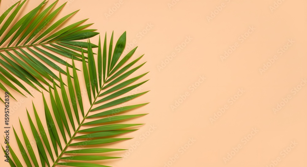 Obraz premium Two vibrant green palm fronds contrast a light peachcolored background creating a fresh tropical aesthetic