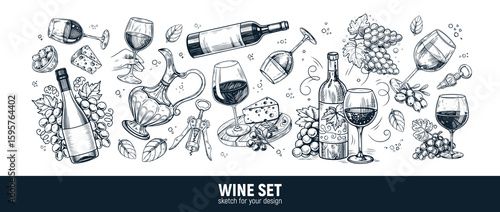 An Elegant Wine Set that includes exquisite glasses, bottles, and essential accessories. Hand-drawn sketch.