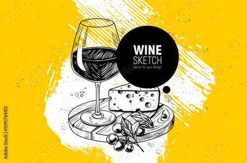 A captivating illustration showcasing the delightful pairing of wine and cheese, an artful concept. Hand-drawn sketch.