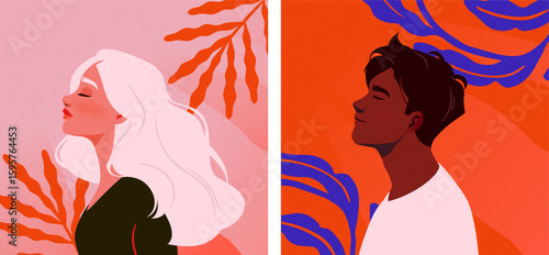 Side profiles of a serene woman and man with closed eyes, minimal flat style, against colorful abstract backgrounds with leaves, concept of calm and harmony. Vector illustration