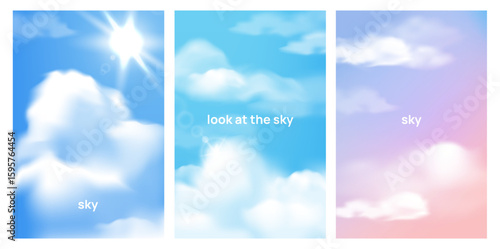 Three vertical sky scenes with soft white clouds against blue and pastel-colored backgrounds, conveying calm and inspiration. Vector illustration