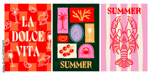 Three colorful summer-themed posters with coastal motifs, bold typography, and hand-drawn elements on vibrant striped and checkered backgrounds. Vector illustration