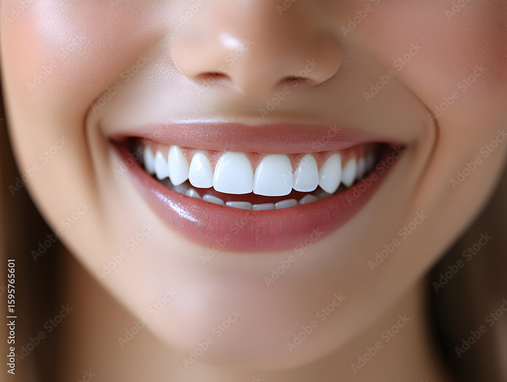 Fototapeta premium Close-up of a young woman smiling, showcasing her bright white teeth and healthy gums