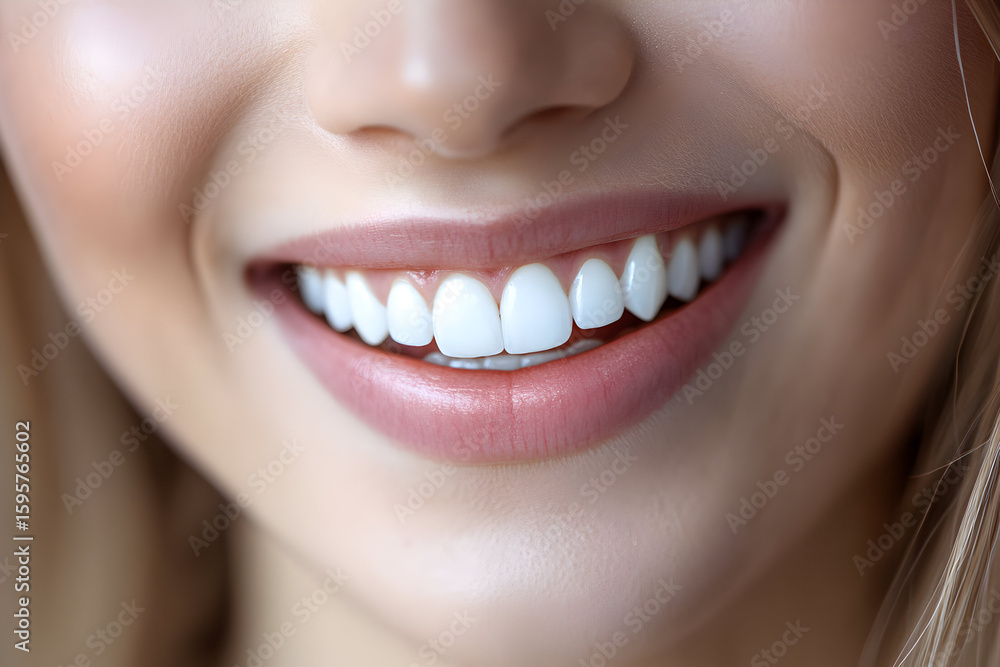 Fototapeta premium Close-up of a woman smiling with bright white teeth, showcasing dental health and beauty
