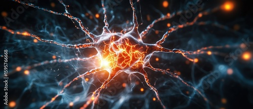 Highly detailed digital illustration of a neuron with glowing electrical impulses transmitting signals in the brain