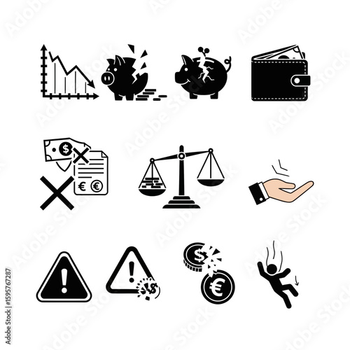 Financial crisis icons depicting economic downturn, debt, bankruptcy, and loss of savings.