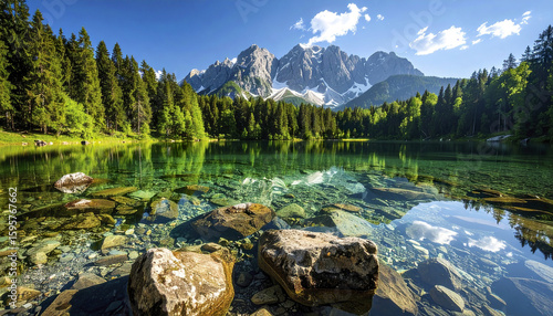 Transparent alpine lake with submerged rocks and vibrant green trees reflects snowy mountain peaks under bright blue sky, creating peaceful and refreshing natural landscape