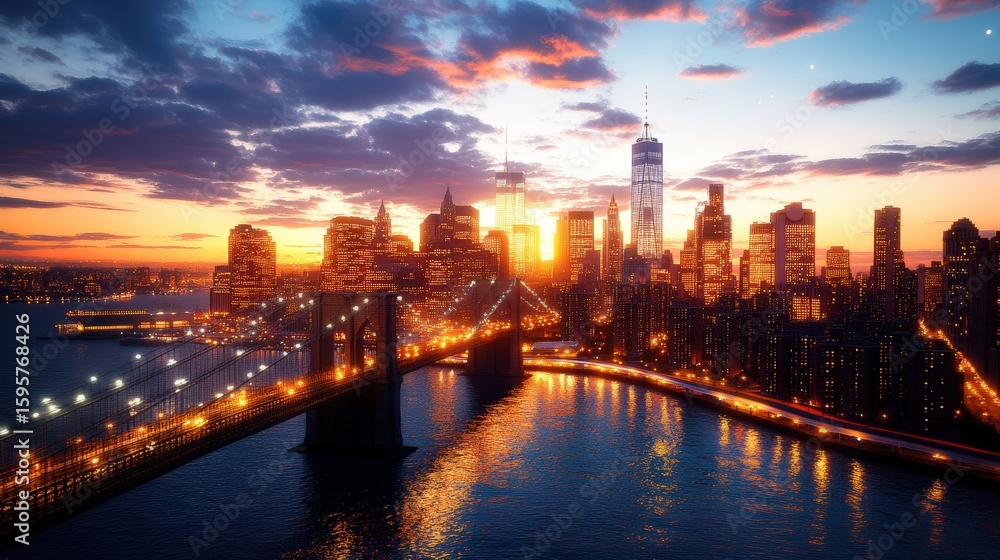Fototapeta premium Vibrant New York City skyline at sunset with iconic bridges and illuminated skyscrapers in daylight