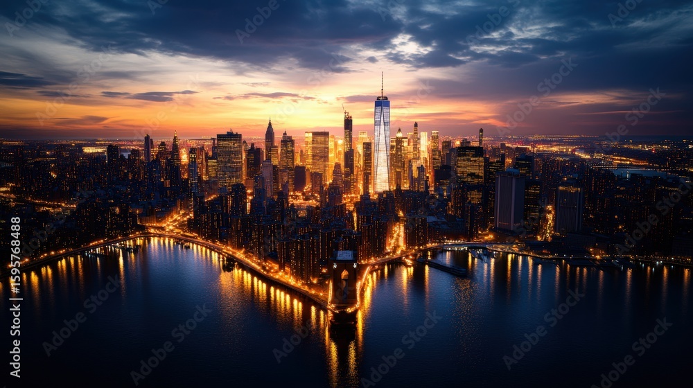Fototapeta premium Spectacular aerial view of Manhattan New York City skyline at sunset with illuminated skyscrapers and water reflections