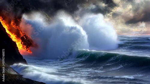 Volcanic lava flows into a stormy ocean