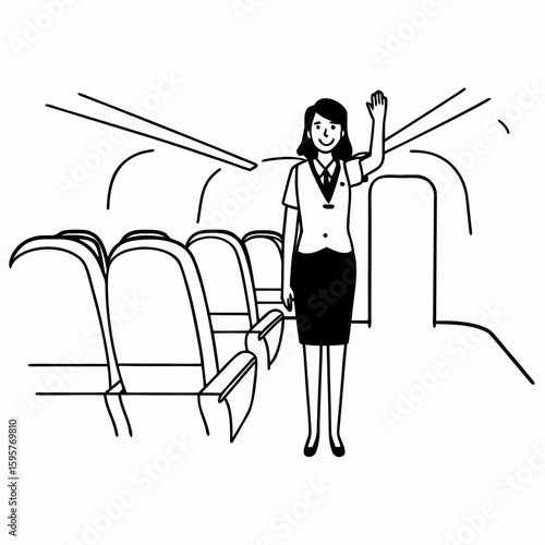Minimal line art of a flight attendant standing in airplane aisle, greeting passengers, cabin background