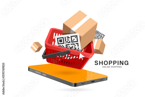Product box or cardboard and QR code placed in red shopping basket and all floating in mid air on smartphone for online shopping, delivery, e-commerce, digital payment advertising design, vector 3d