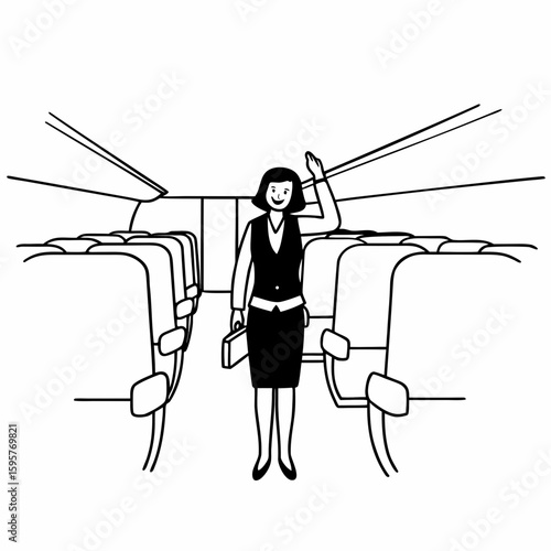 Minimal line art of a flight attendant standing in airplane aisle, greeting passengers, cabin background