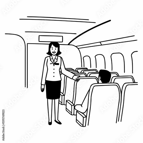 Minimal line art of a flight attendant standing in airplane aisle, greeting passengers, cabin background