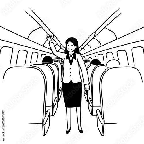 Minimal line art of a flight attendant standing in airplane aisle, greeting passengers, cabin background