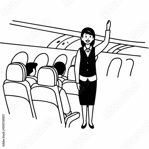 Minimal line art of a flight attendant standing in airplane aisle, greeting passengers, cabin background