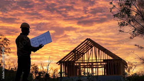 Silhouette of a construction worker reviewing blueprints at sunrise