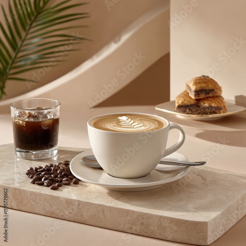 Elegant coffee setup with a latte in a white ceramic cup, a glass of iced coffee, roasted coffee beans, and pastry on a marble surface with soft natural lighting