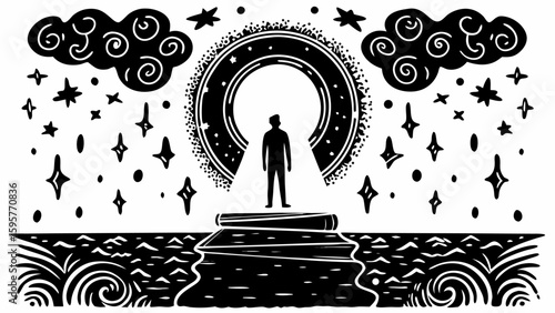 Silhouette of a person standing before a portal with stars clouds and water in a black and white illustration