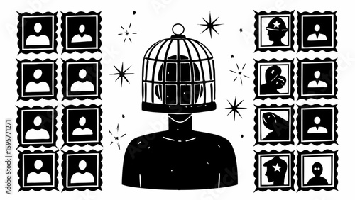 Silhouette figure with birdcage head amidst framed portraits and starbursts in black and white style