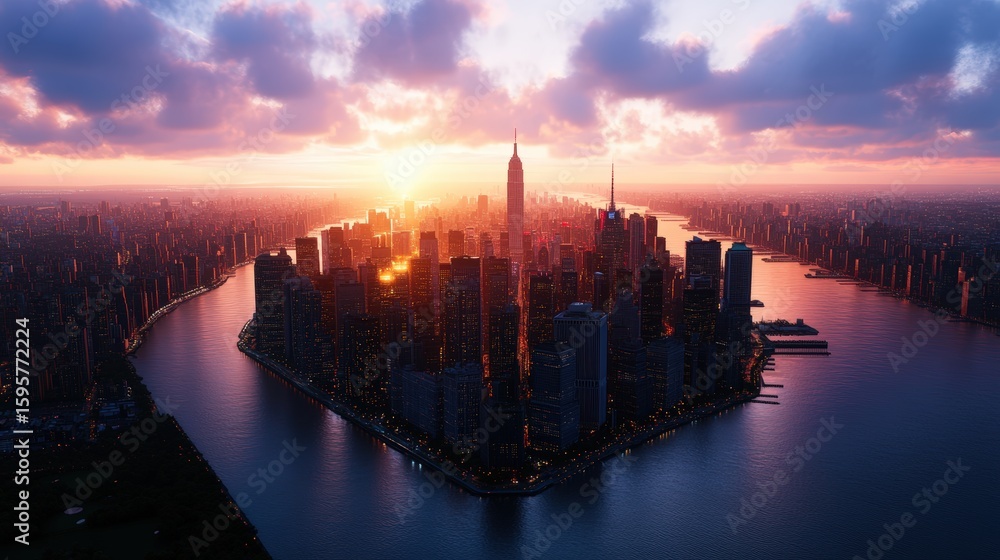 Naklejka premium A Stunning View of a Large City Skyline at Sunset with Tall Skyscrapers and River in the Foreground