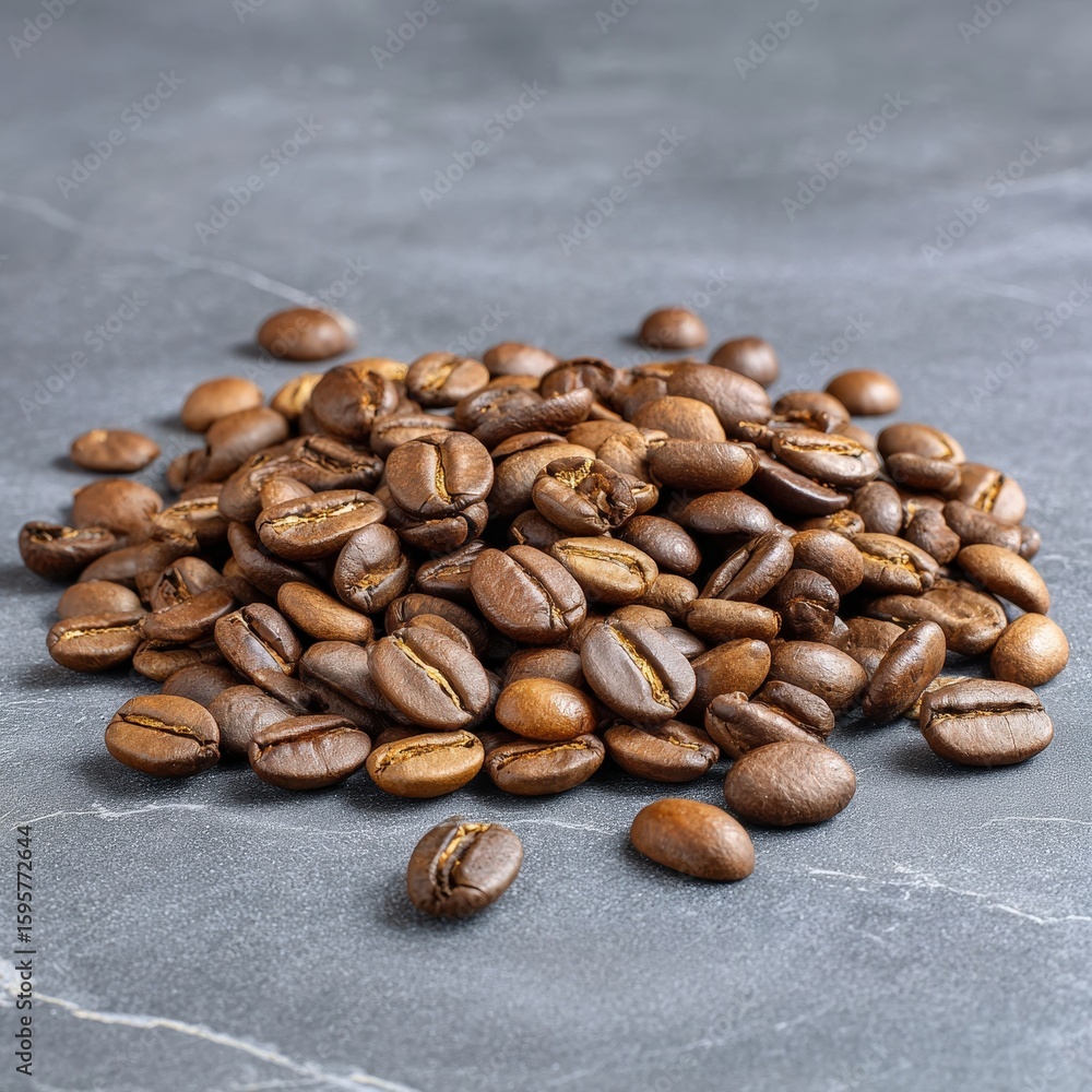 Naklejka premium Pile of roasted coffee beans on dark textured background, close-up view of fresh aromatic coffee seeds for brewing and morning rituals, detailed macro photography