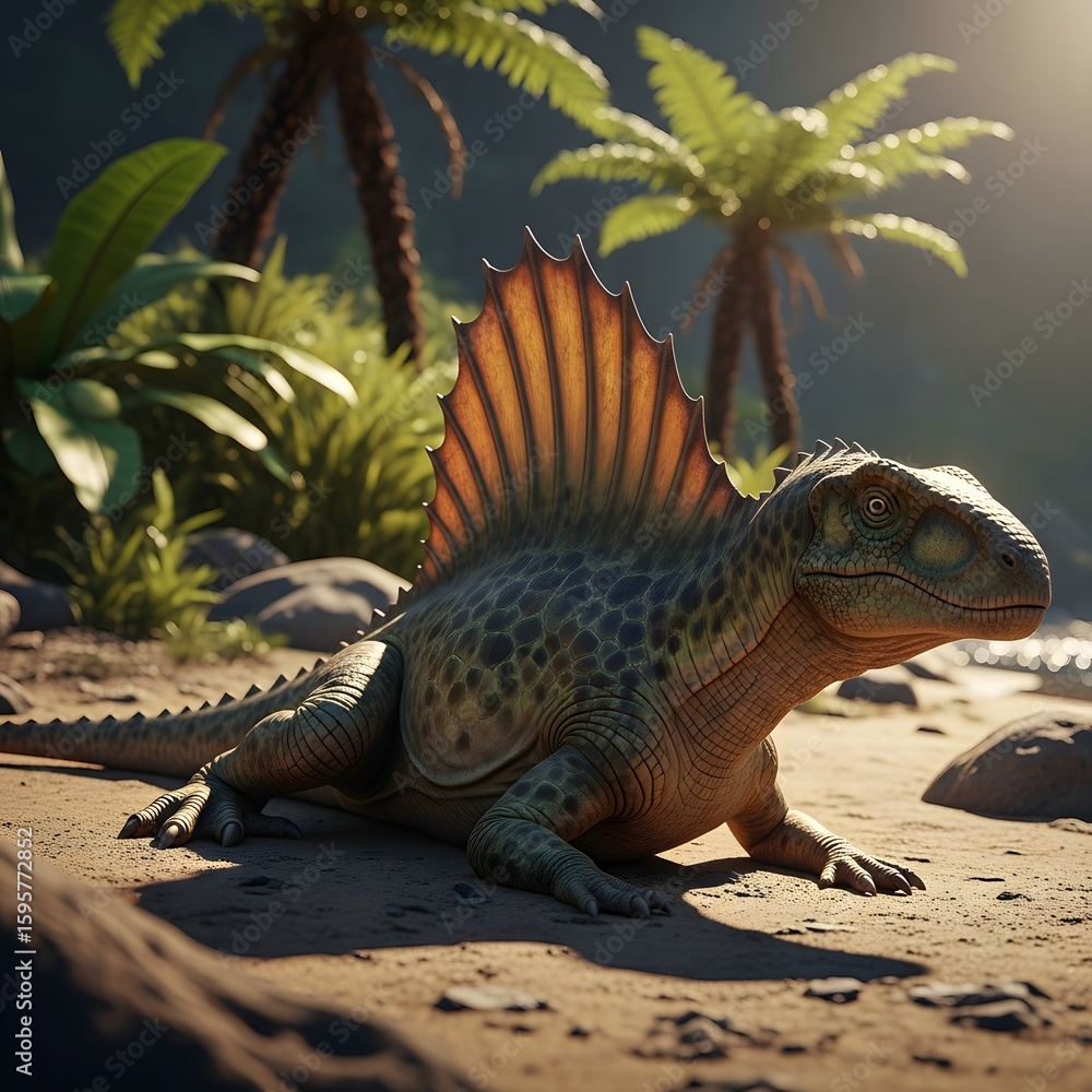Fototapeta premium A detailed illustration of a Dimetrodon, a prehistoric reptile, resting on a sandy beach with palm trees in the background.