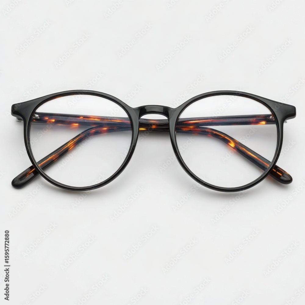 Modern round eyeglasses with blue light blocking lenses on a textured surface with greenery Modern round eyeglasses with blue light blocking lenses on a textured surface with greenery