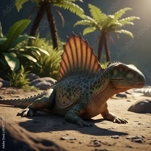 Obraz A detailed illustration of a Dimetrodon, a prehistoric reptile, resting on a sandy beach with palm trees in the background.