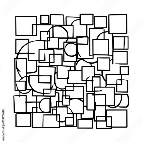 A chaotic arrangement of squares and circles interconnected with bold black lines on a white background