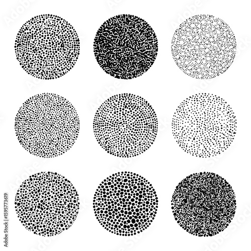Nine circles filled with varying densities of black dots creating different textural patterns evenly spaced