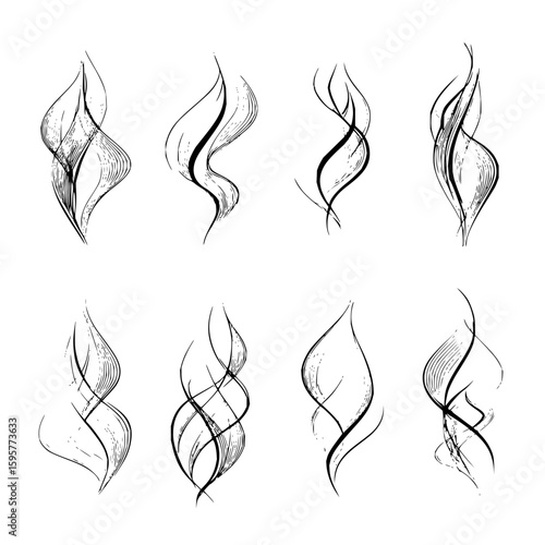 Collection of eight stylized black and white smoke or steam illustrations on a white background art