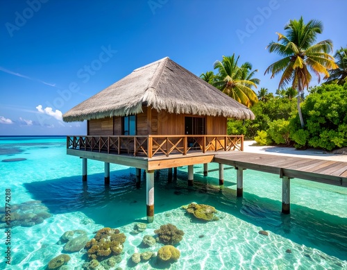 Bright Daylight Tropical Overwater House on Stilts Above Clear Turquoise Ocean with Vibrant Coral Reefs