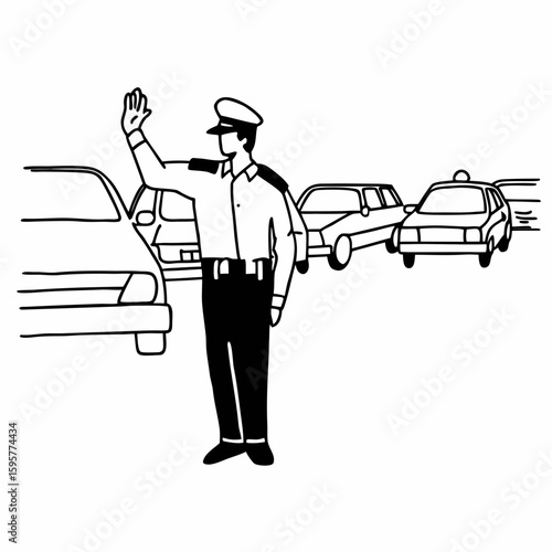 Simple line art of a police officer directing traffic, cars in background, urban setting, sketch style