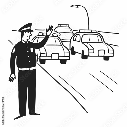 Simple line art of a police officer directing traffic, cars in background, urban setting, sketch style