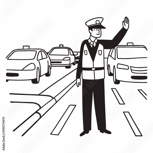 Simple line art of a police officer directing traffic, cars in background, urban setting, sketch style