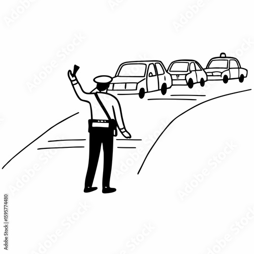 Simple line art of a police officer directing traffic, cars in background, urban setting, sketch style