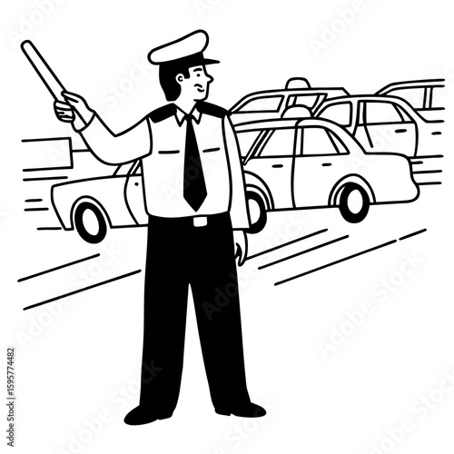 Simple line art of a police officer directing traffic, cars in background, urban setting, sketch style