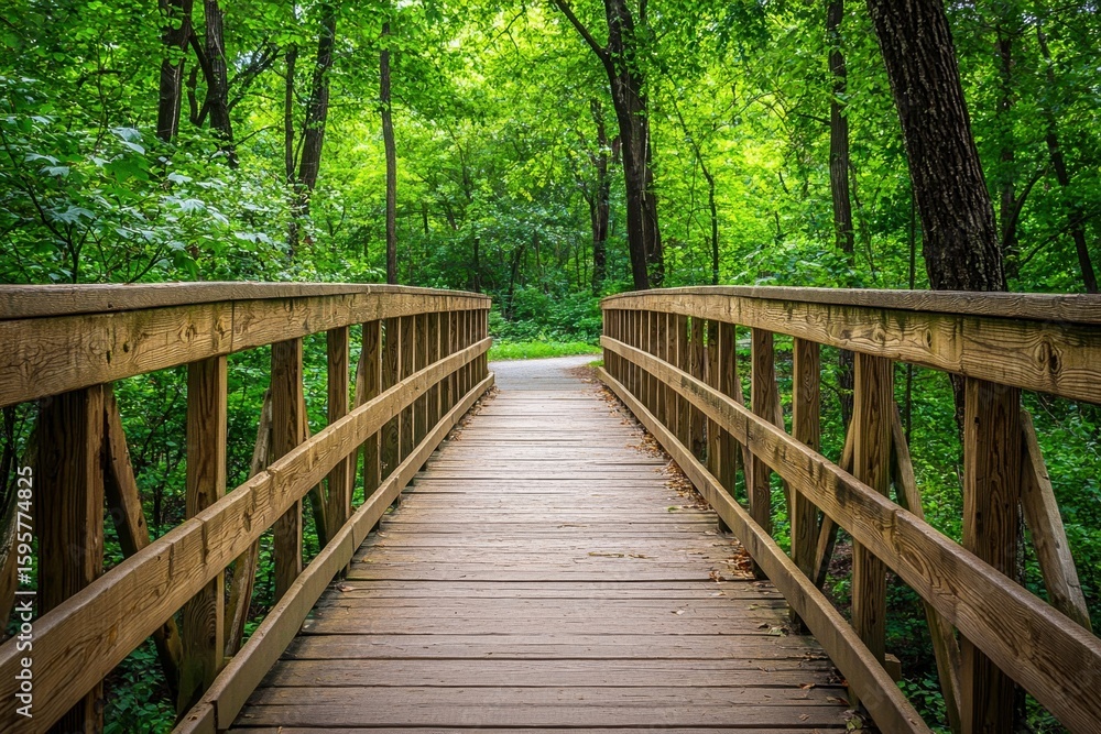 Scenic forest bridge with wooden planks and handrails Scenic forest bridge with wooden planks and handrails