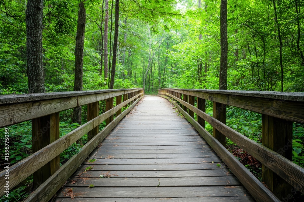 Nature walk along wooden bridge in quiet woodland Nature walk along wooden bridge in quiet woodland