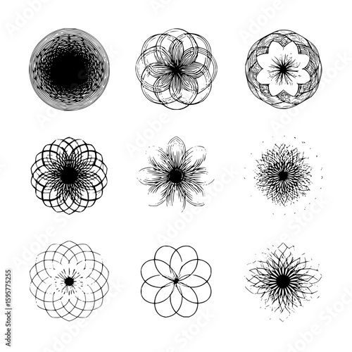 A collection of nine black and white floral and circular designs with varying textures and patterns shown clearly
