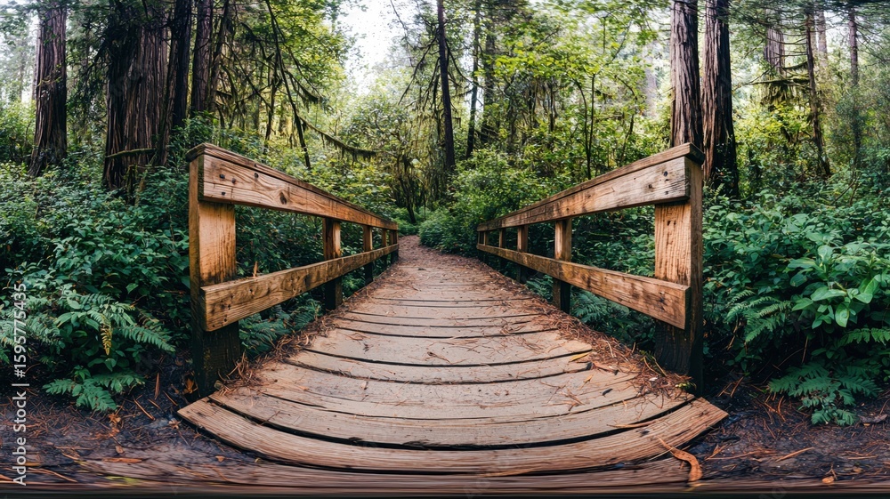 Obraz premium Wooden walkway through natural forest landscape