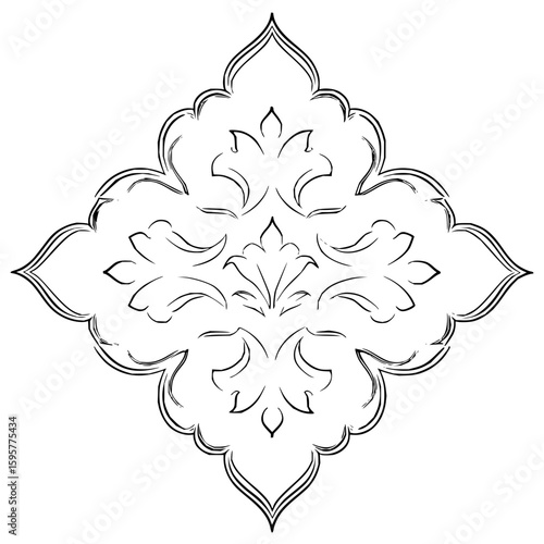 Detailed black and white floral arabesque design with symmetrical leaf and petal elements in square format
