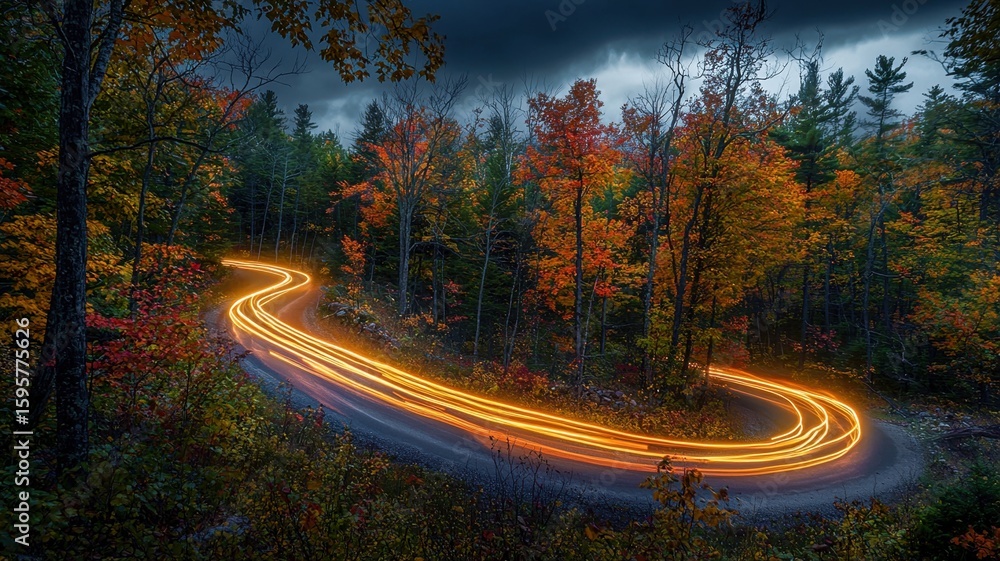 Naklejka premium Road bending through vibrant trees with light streaks