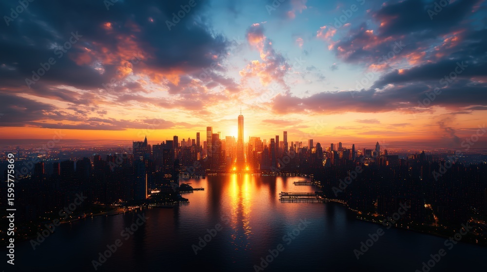 Naklejka premium City skyline at sunset with vibrant colorful clouds and reflections over water in urban landscape view