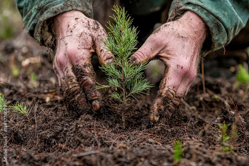 Fototapeta premium Hands planting a young sapling in fertile soil